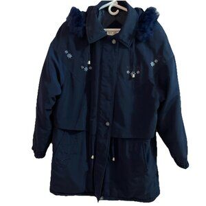Vintage Rainshedder Womens Embroidered Parka Jacket Size XL Navy Hooded Cozycore